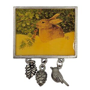 Vtg Bunny Rabbit Brooch Pin Nature Signed Marjoelin Bastin Rustic Charm Whimsy